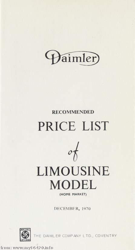 price list December 1970 front cover