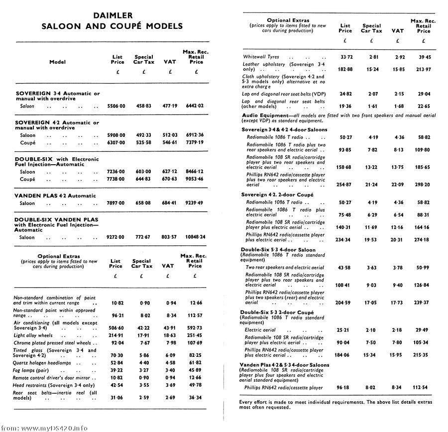 price list July 1976 Saloons