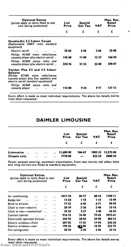 price list May 1977 Limousine prices