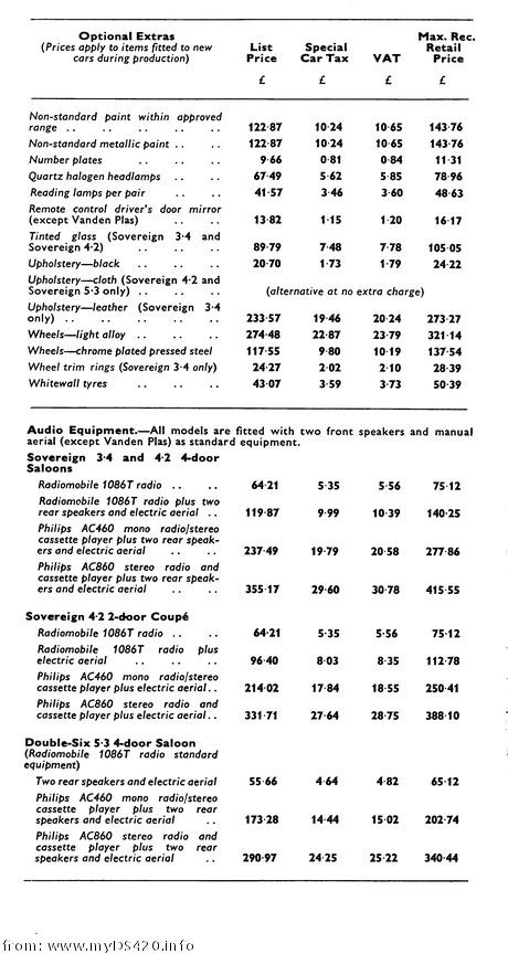 price list Aug. 1977 Saloon options
