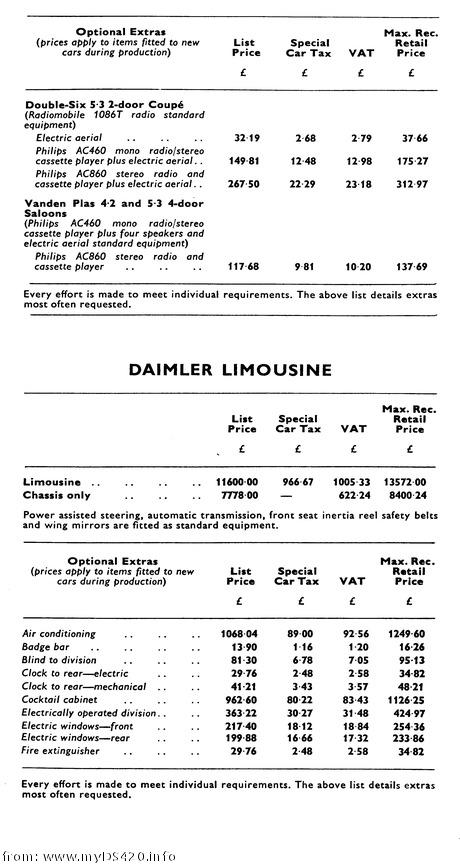 price list Aug. 1977 Limousine prices