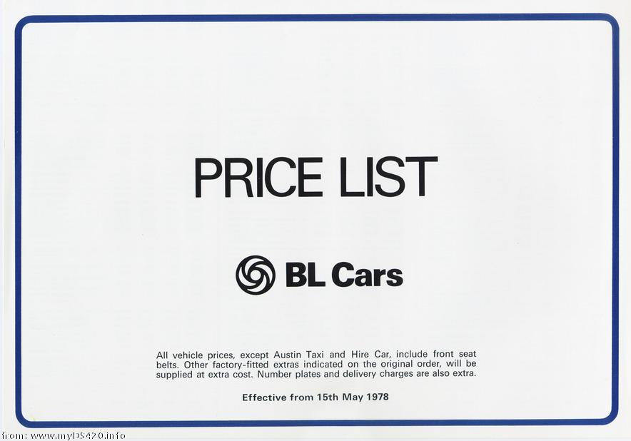 price list All BL Cars, May 1978