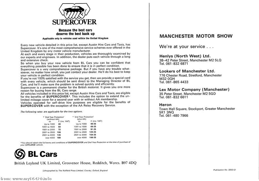 price list All BL Cars, May 1978