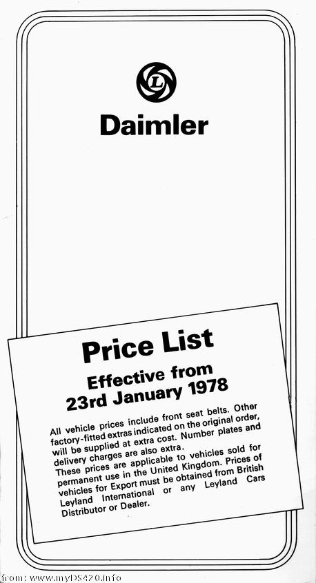 price list Jan. 1978 front cover