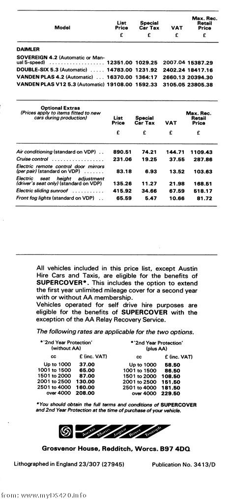 price list Motorshow 1979 Daimler p7