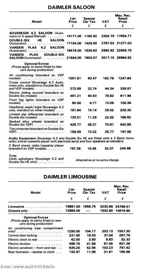 price list Oct. 1982 Daimler Saloon