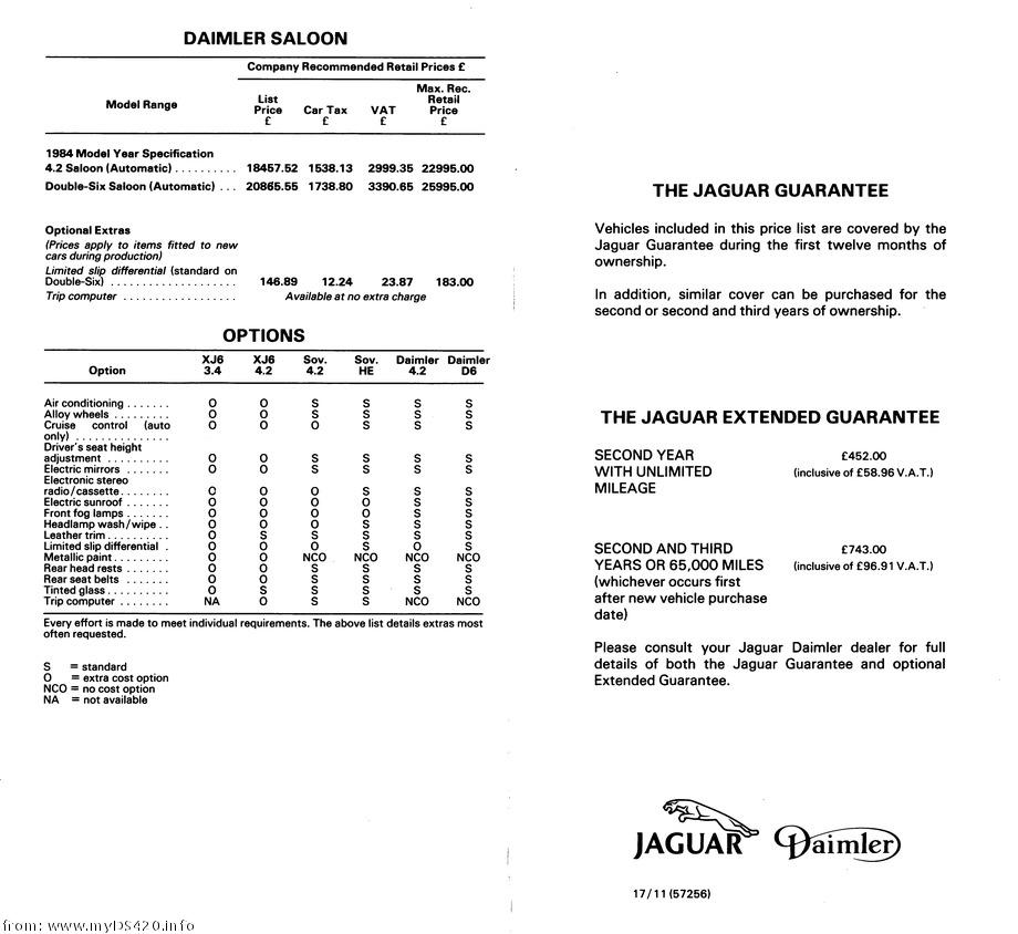 price list May 1984 Daimler Saloon