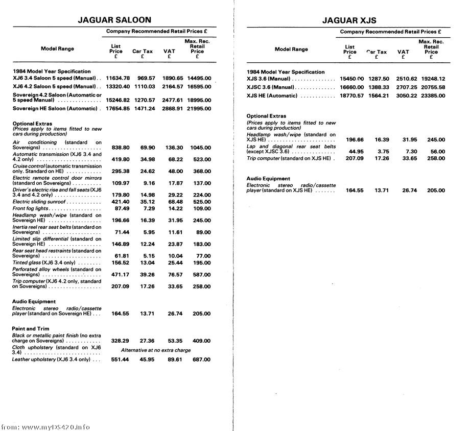 price list May 1984 Jaguar Saloon