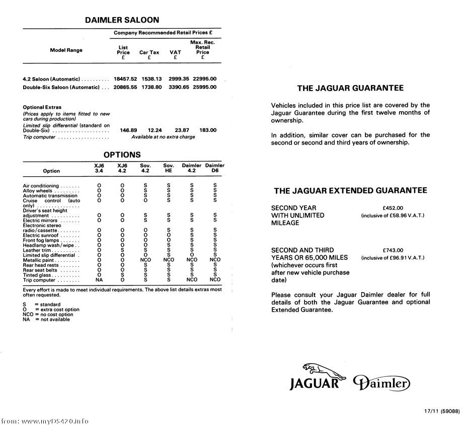 price list Oct. 1984 Daimler Saloon