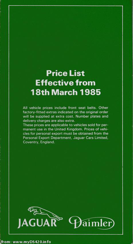 price list March 1985 front cover