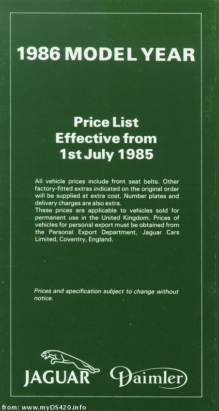 price list July 1985 front cover