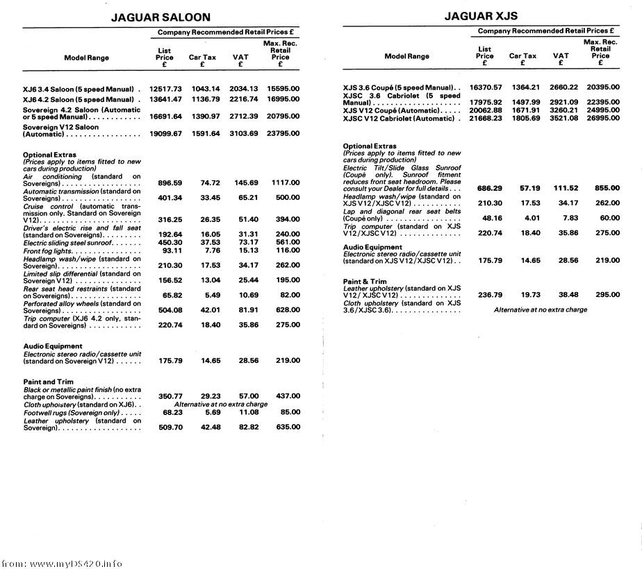 price list July 1985 Jaguar Saloon cover