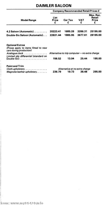 price list July 1985 Daimler Saloon