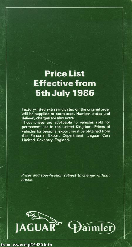 price list July 1986 front cover
