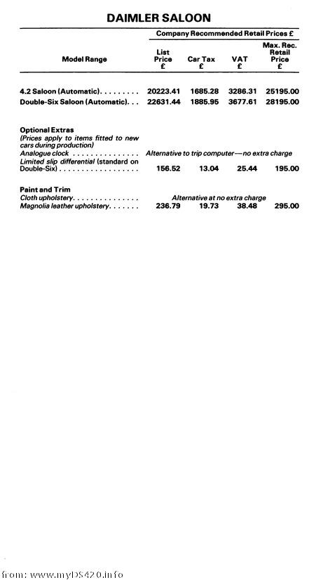 price list July 1986 Daimler Saloon