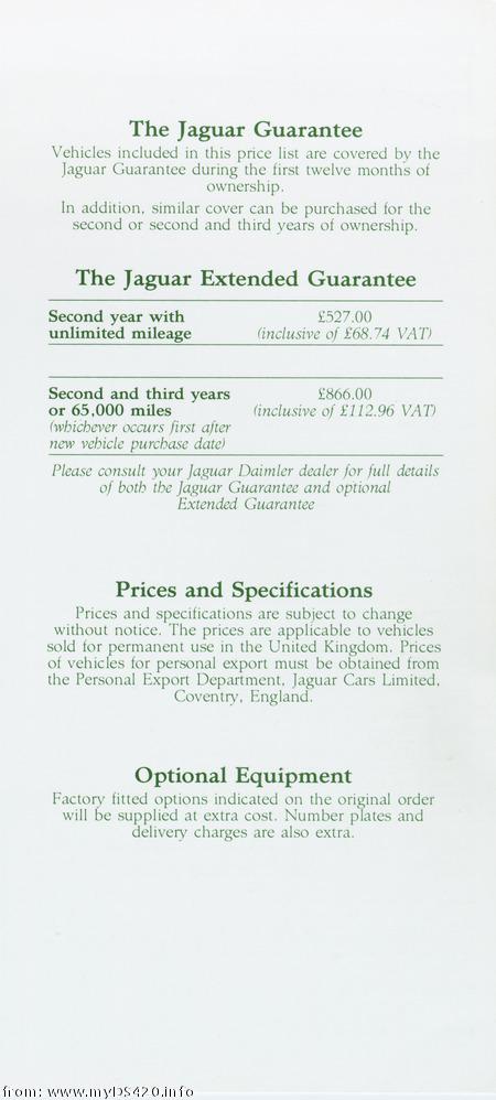 price list Oct. 1986 Guarantee