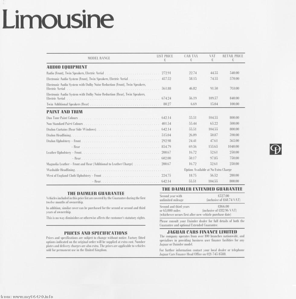 price list Sept. 1987 limo-right