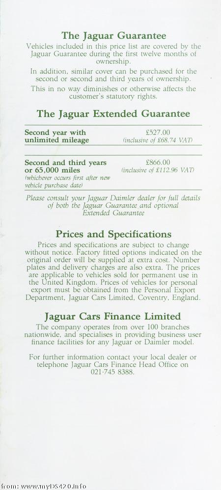 price list April 1987 Guarantee
