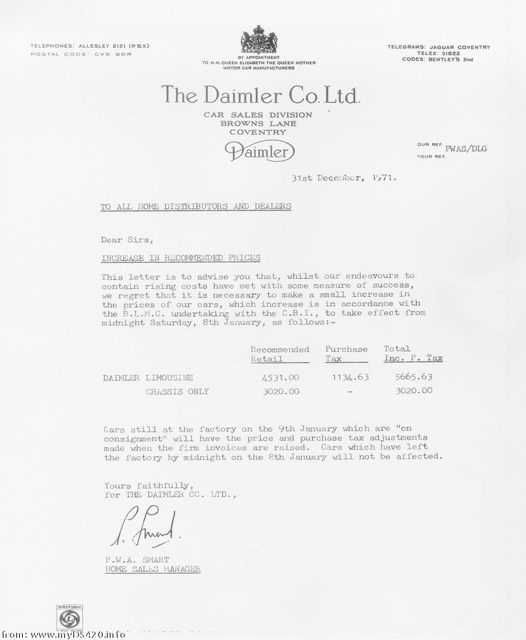Dealer letter Dec. 1971 price_dec71