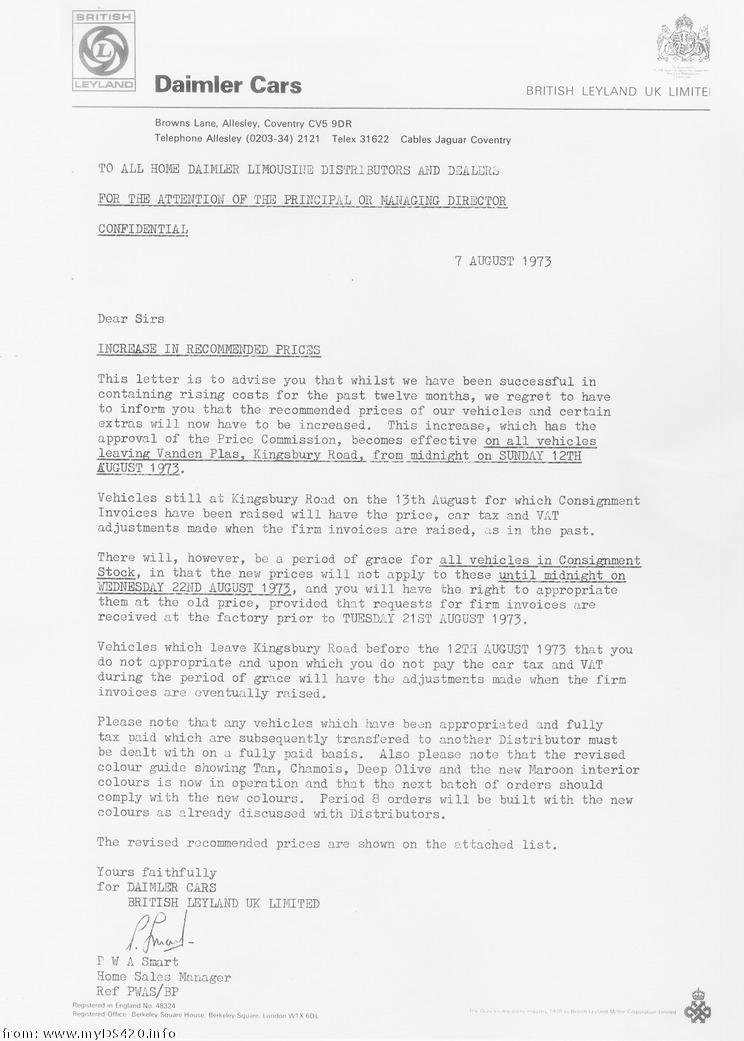 Dealer letter Aug. 1973 price_aug73a